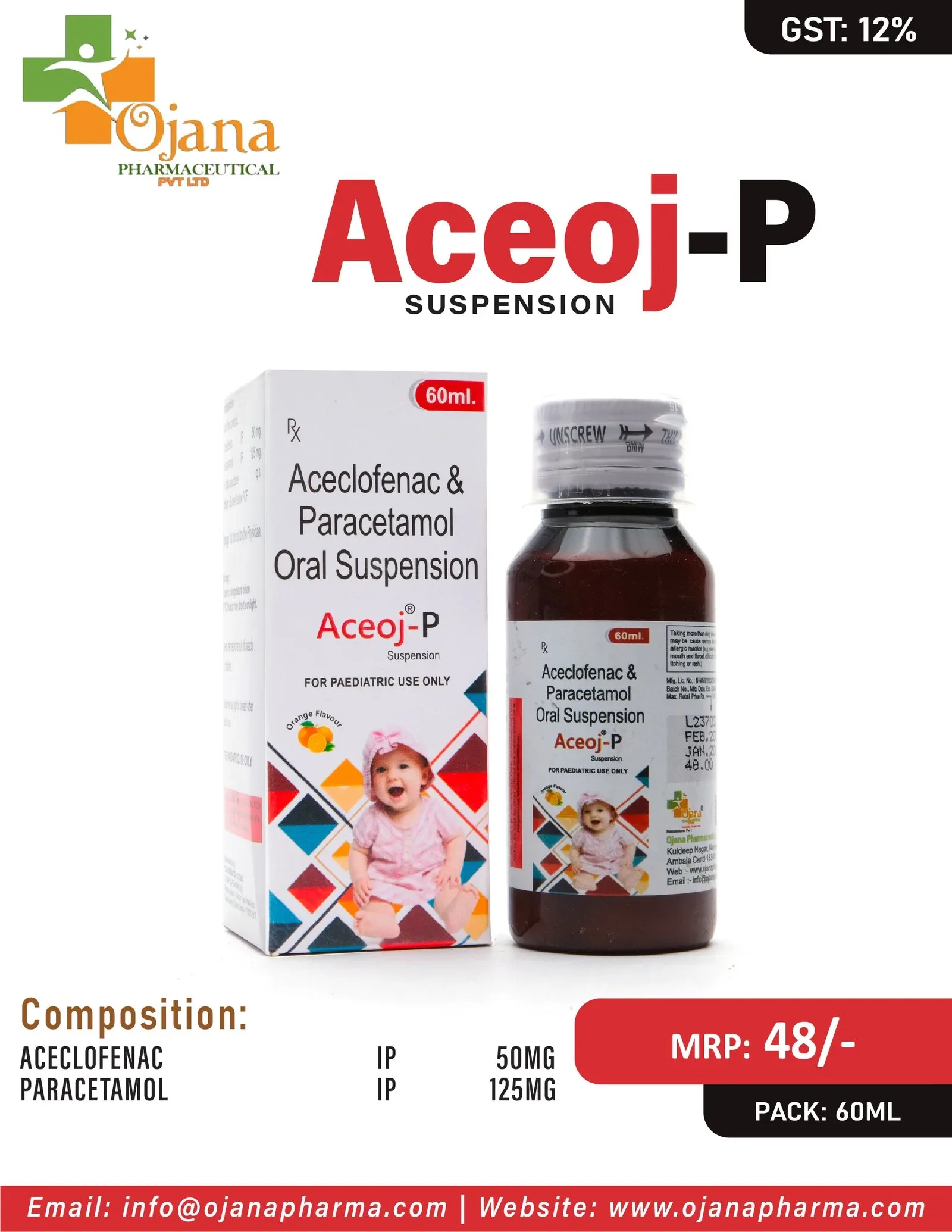 Aceoj-P - Aceclofenac I.P. 50 mg + Paracetamol I.P. 125 mg (Susp.) with carton
