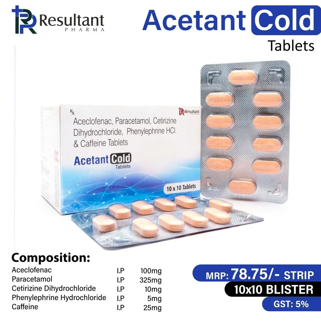 Acetant cold - Aceclofenac I.P. 100mg + Paracetamol I.P. 325mg + Cetirizine Dihydrochloride I.P. 10mg + Phenylephrine Hydrochloride I.P. 5mg + Caffeine I.P. 25mg