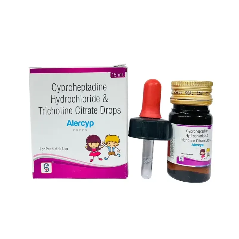 ALERCYP DROPS - Each 1 ml contains: Cyproheptadine 1.5 mg + Tricholine Citrate 55 mg drops (PINEAPPLE FLAVOR)