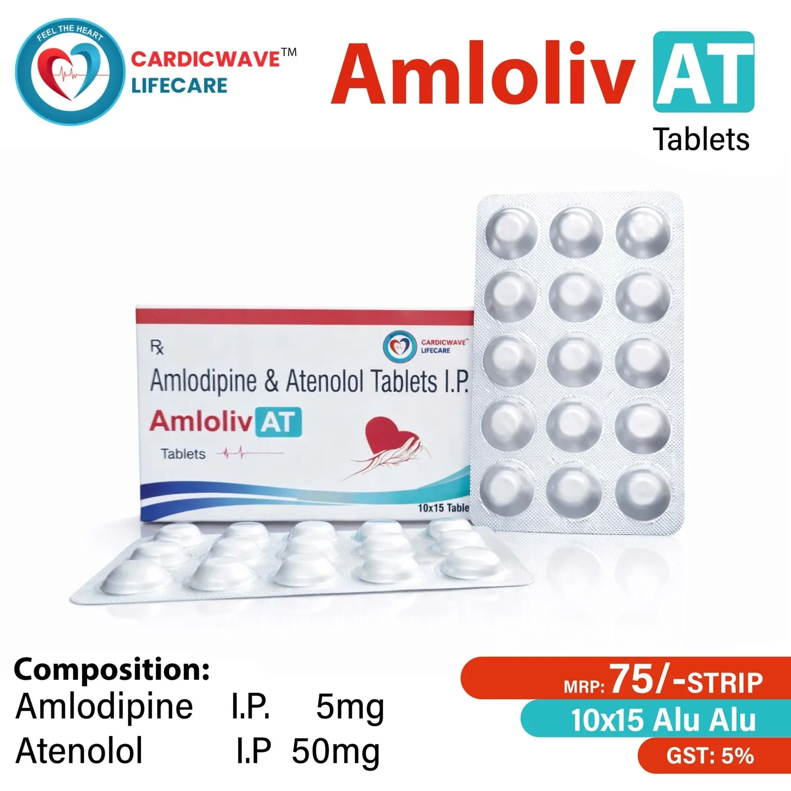 Amloliv AT - Amlodipine I.P. 5mg + Atenolol 50mg Tablets