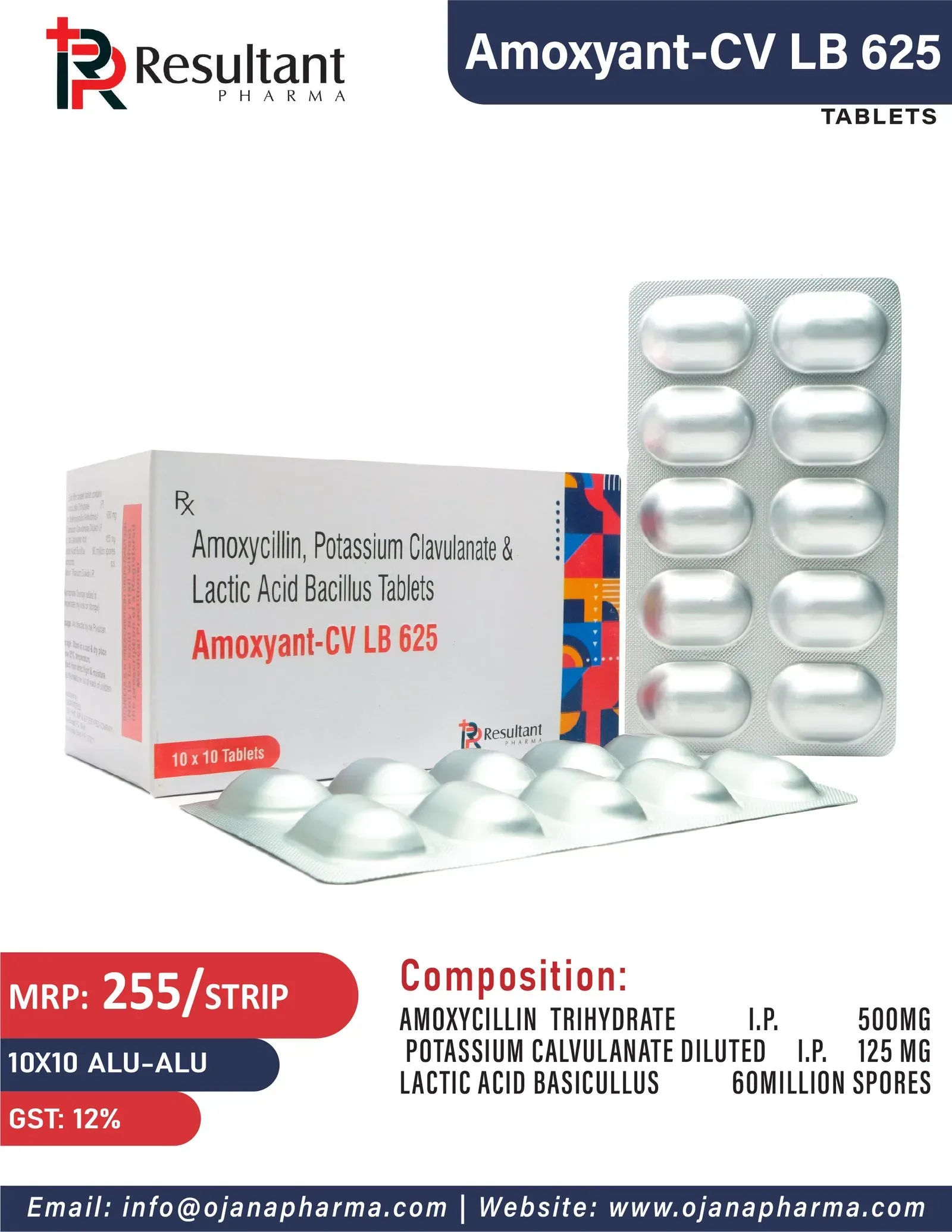Amoxyoj-CV 625 L.B - Amoxycillin I.P. 500 mg + Calvulanate Potassium I.P. 125 mg with Lactic Acid Basicullus Film Coated Tablet