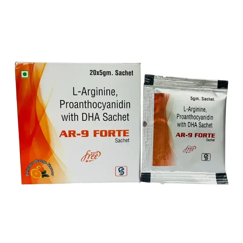 AR9-FORTE - L-Arginine 3Gm.+GARE SEED EXT. (Proanthocyanidin) 75Mcg+Dha 100MgSugar Free (Orange Flavour)