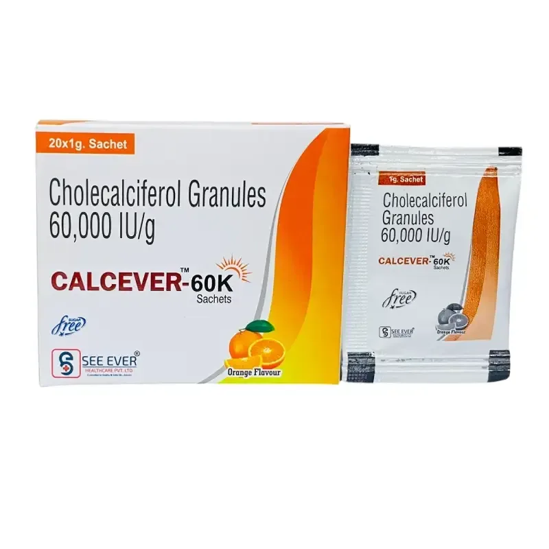 CALCEVER™ 60K SACHETS - VITAMIN D3 60000 I.U. SACHETS (ORANGE FLAVOUR) IN DRUG