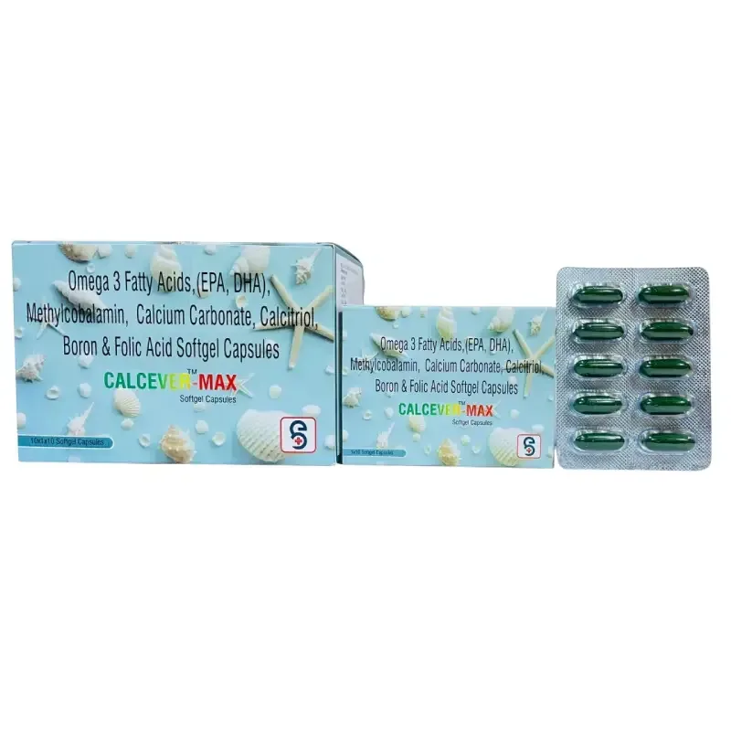 CALCEVER-MAX - Omega 3 Fatty Acids + Epa 180 Mg + Dha 120 Mg + Methylcobalamine 1500 Mcg + Calcitriol 0.25 Mcg + Calcium Carbonate 500 Mg + Folic Acid 400 Mcg + Boron 1.5 (IN DRUG)