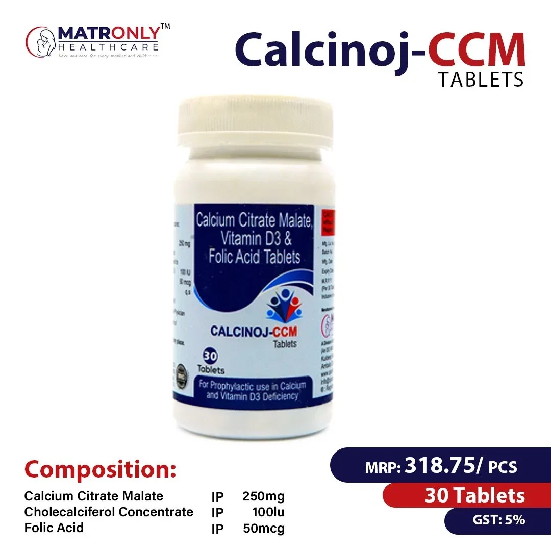 Calcinoj CCM - Calcium Citerate Malate 250mg + Vitamin D3 100mg+ Folic Acid 50mcg Tablets