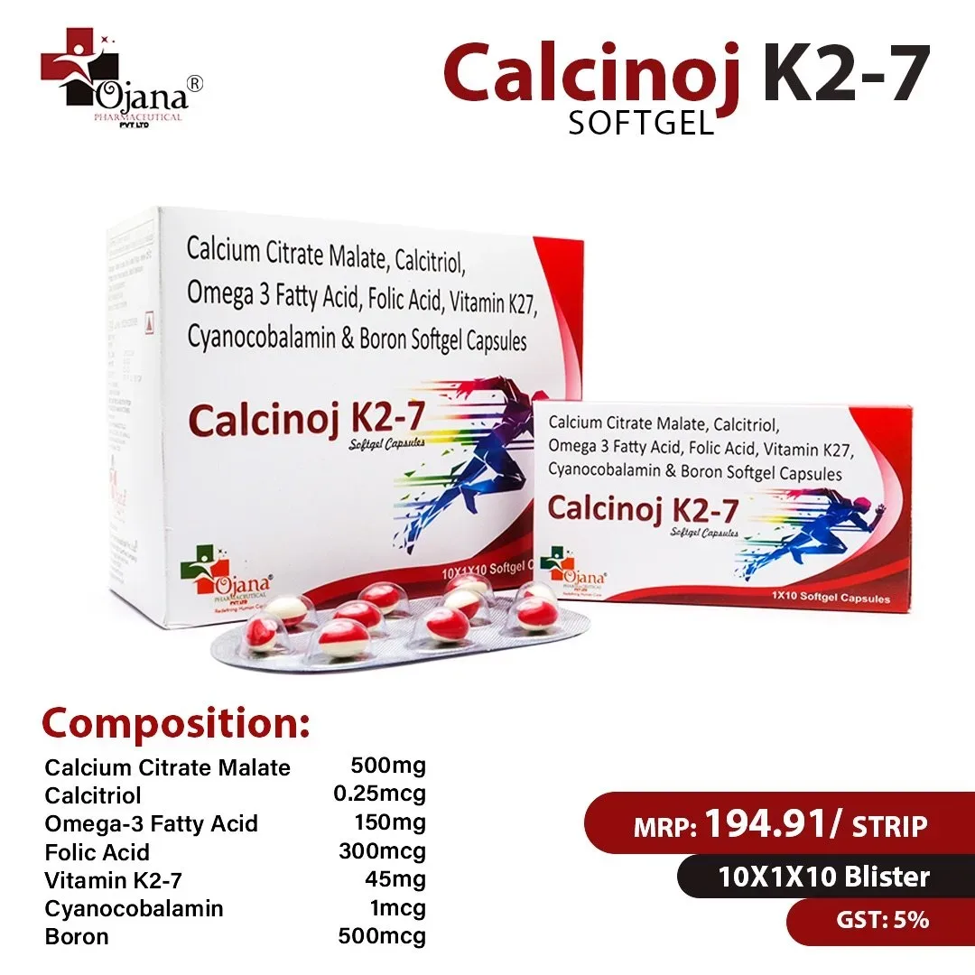 Calcinoj k2-7 Drug - K2-7 45 mcg+zinc oxide 7.5 mg+Light Magnesium 50 mg + Methylcobalamin I.P. 1500mcg + Calcitriol I.P. 0.25mcg + Calcium Carbonate I.P. 1250mg + L-Methyl Folate 800 mcg in drug