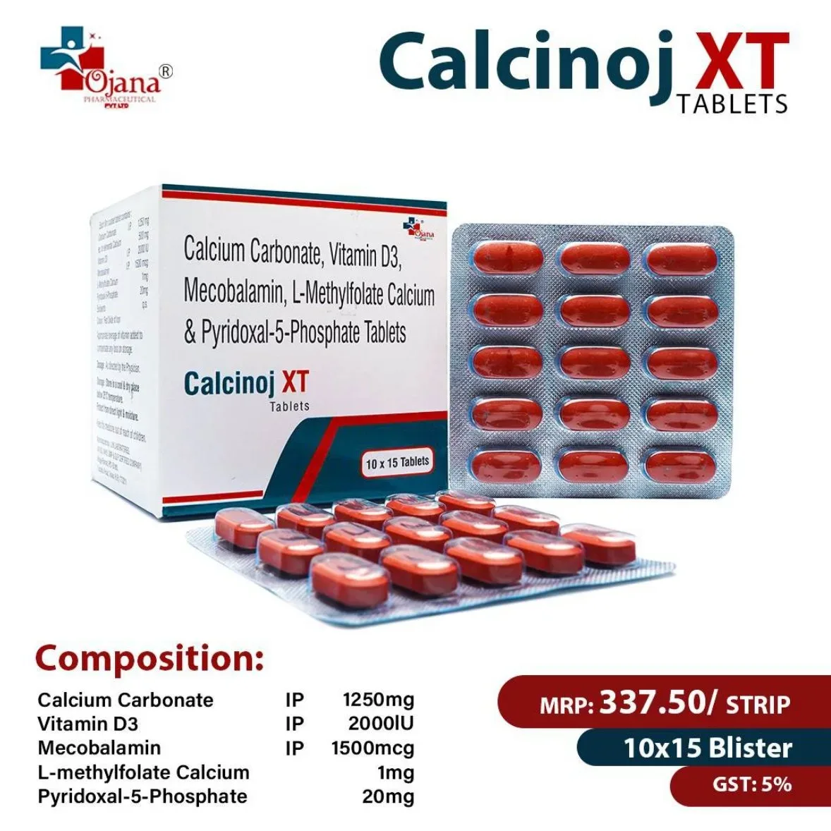 Calcinoj XT - Calcium Carbonate, Vitamin D3, Mecobalamin, L-Methylfolate Calcium & Pyridoxal-5-Phosphate Tablets
