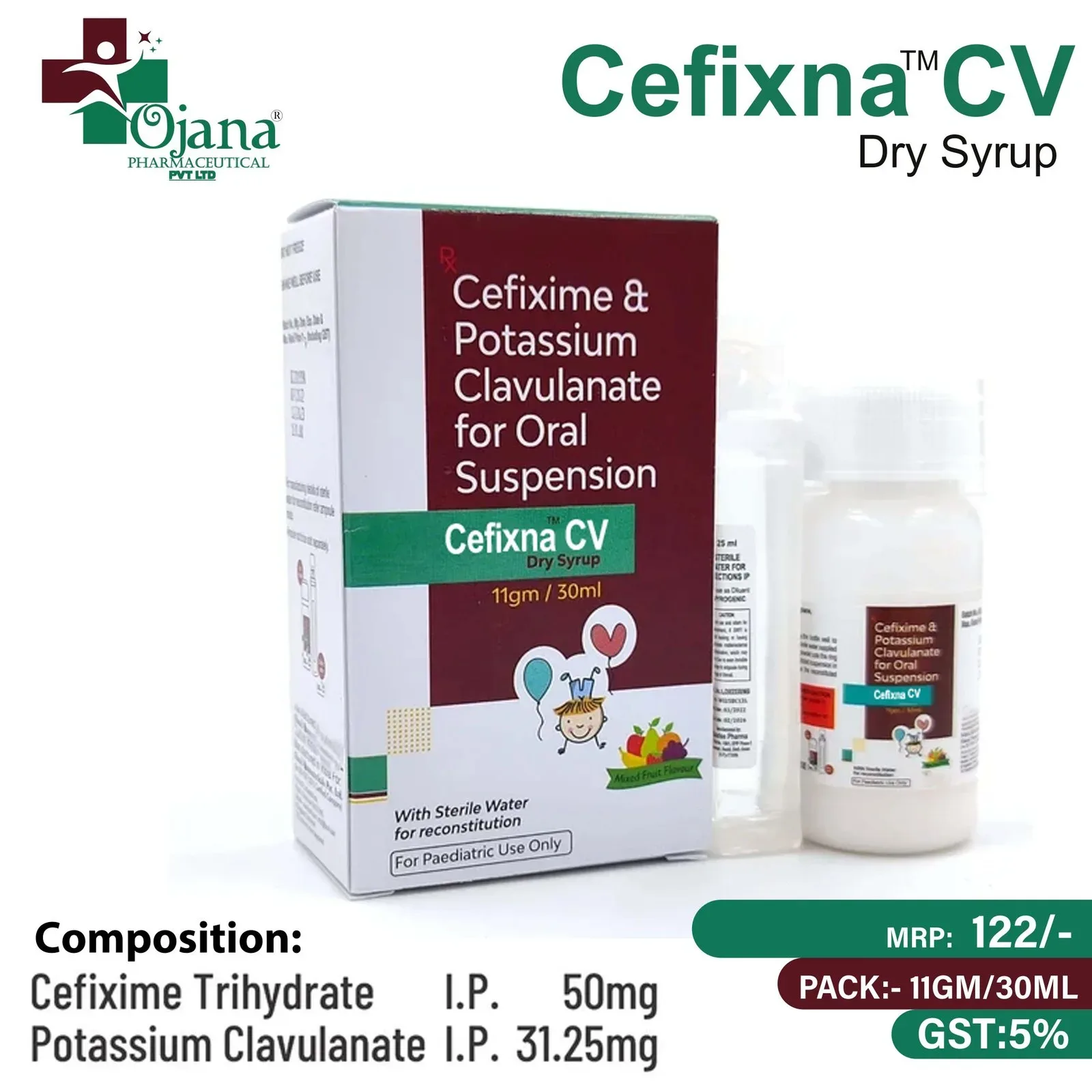 Cefixna- CV - Cefixime 50mg + Clavulanic Acid 31.25mg Dry Syrup with water