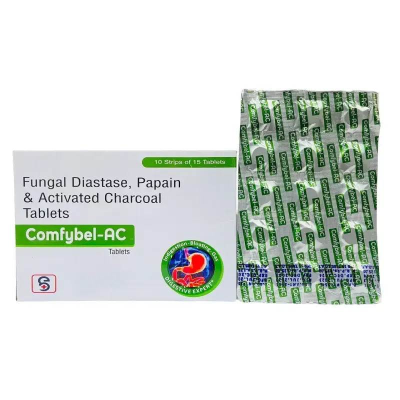 COMFYBEL-AC - FUNGAL DIATASE 100 MG + PAPAIN 60 MG + ACTIVATED CHARCOAL 75 MG ENZYME TABLETS