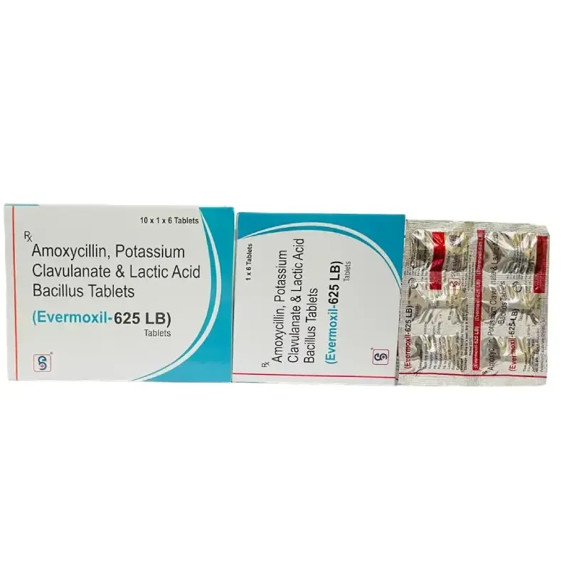 EVERMOXIL TM - 625 LB (60 TABS) - Amoxycillin 500Mg + Pot. Clavunic Acid 125Mg + Lactic Acid Bacillus 60 Million Spores