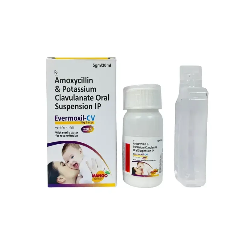 EVERMOXIL TM -CV 228.5 (MANGO FLAVOUR) - Amoxycillin-200Mg + Clavulanate Potassium 28.5Mg WITH WATER IN MANGO FLAVOUR