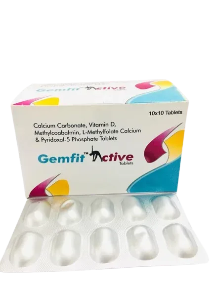 GEMFIT -ACTIVE - Calcium Carbonate1250mg+Vitamin D3 2000 IU+Methylcobalamin 1500mcg+L-Methylfolate Calcium 1mg+Pyridoxal 5 Phosphate 0.6mg
