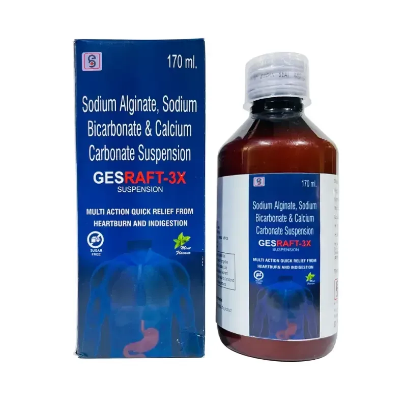 GESRAFT-3X - Sodium Alginate IP 250 mg, Sodium Bicarbonate IP 133.5 mg, Calcium Carbonate IP 80 mg each 5 ml Oral Suspension.