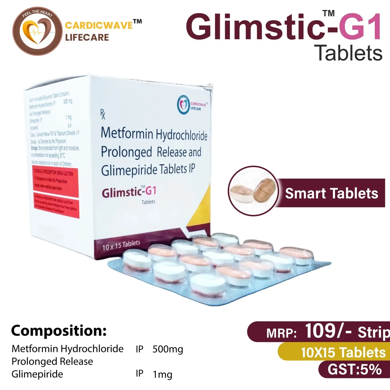 Glimstic G1 - Glimepiride I.P. 1mg + Metformin Hydrochloride (S.R.) I.P. 500mg Bi-Layered smart Tablets
