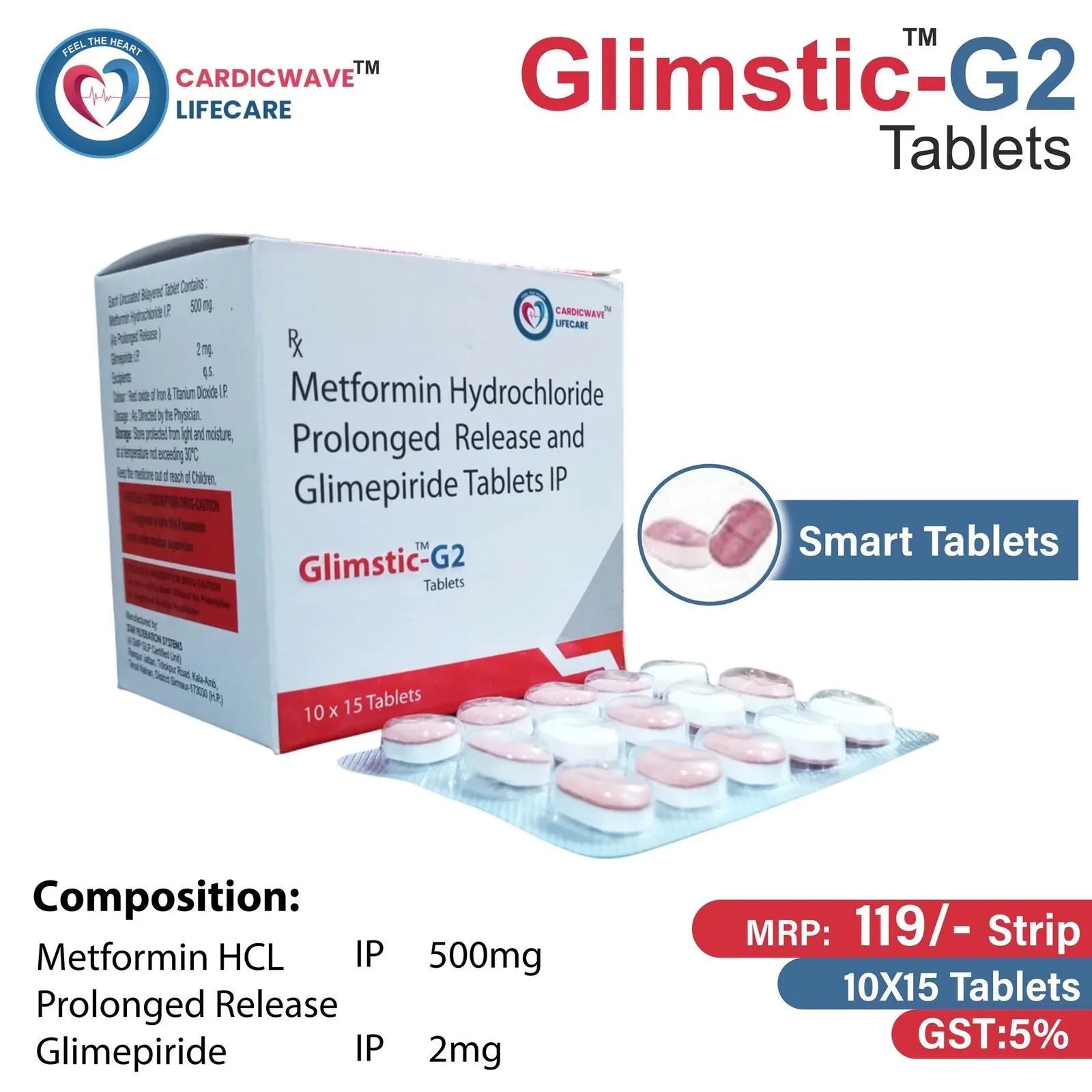 Glimstic G2 - Glimepiride I.P. 2mg + Metformin Hydrochloride (S.R.) I.P. 500mg Bi-Layered smart Tablets