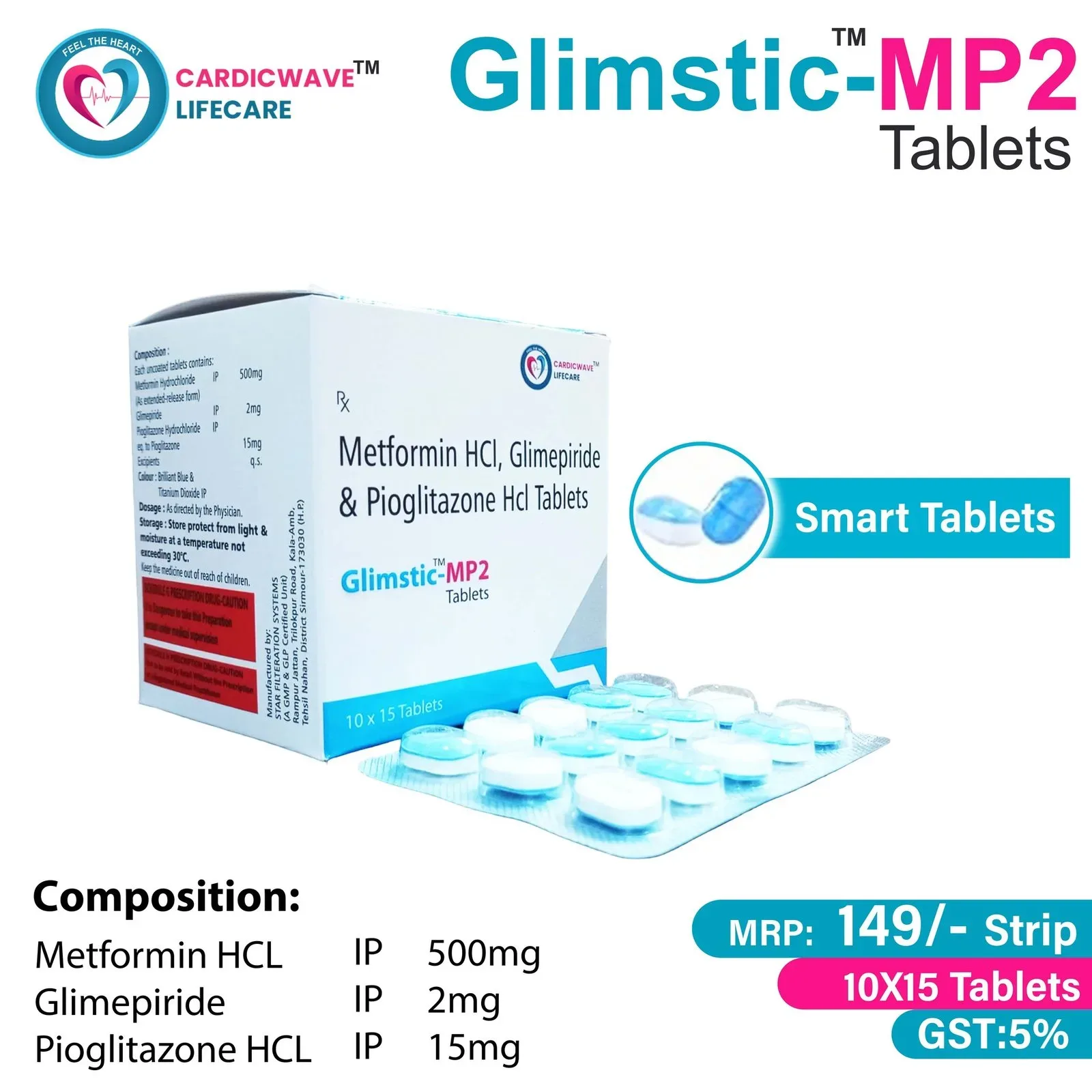 Glimstic MP2 - Glimepiride 2mg + Metformin Hydrochloride I.P. 500mg + Pioglitazone 15mg Bi-Layered smart Tablets