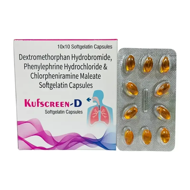 KUFSCREEN-D - DEXTROMETHROPHAN 10 MG + PHENYLEPHERINE 5 MG + CPM 2 MG SOFTGEL CAPS (ANTI COUGH CAPS) IN DRUG (YELLOW COLOR CAPS)