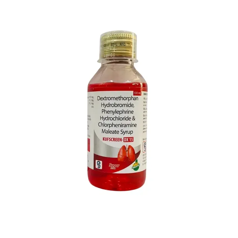 KUFSCREEN-DX 15 (100 ml) - Dextromethorpan Hydrobromide 15 mg + Phenylephrine 5Mg + Chlorpheniramine Maleate - 2Mg (Sugar Free ) WITH GLYCERIN BASE