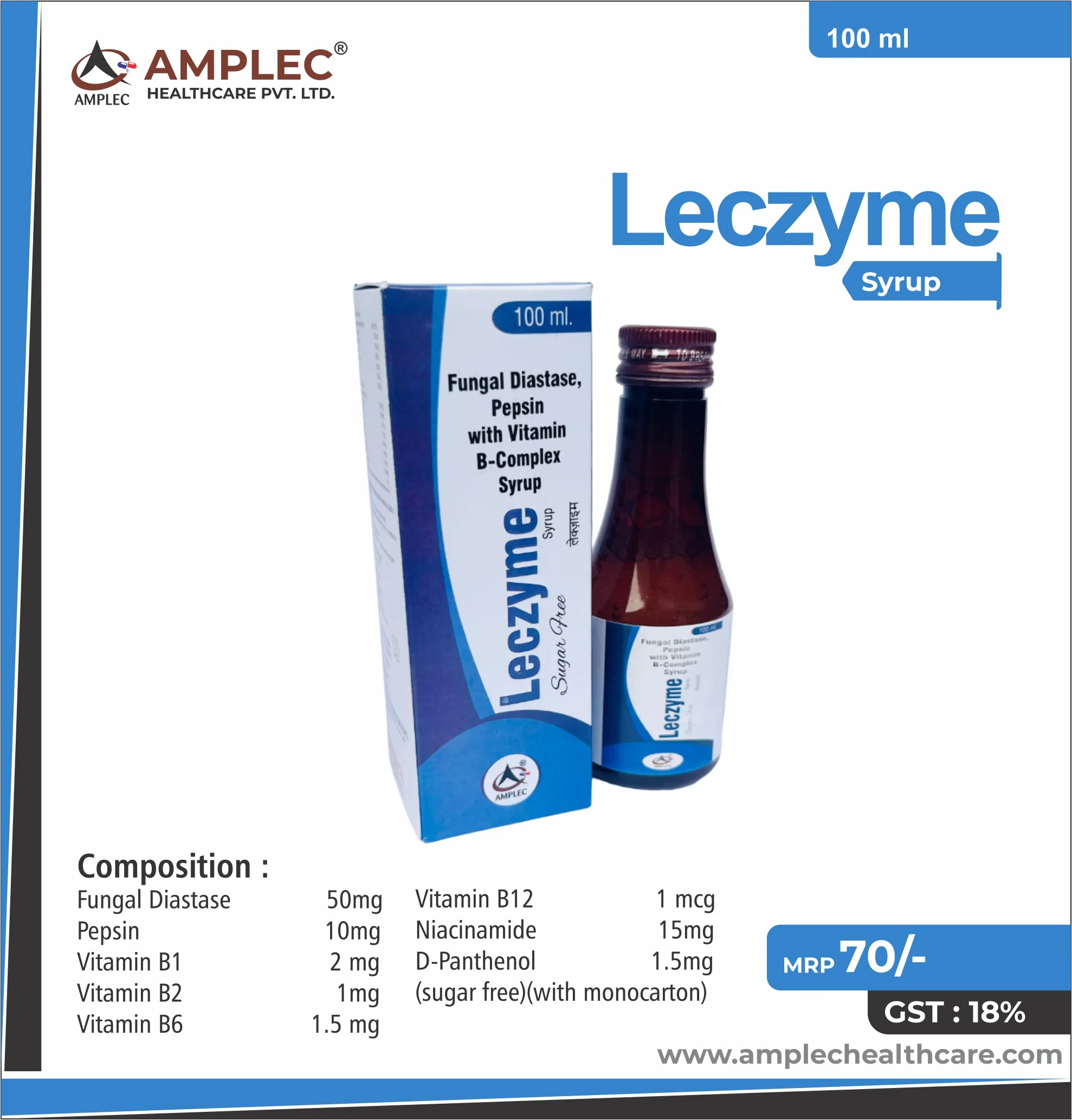 LECZYME - Fungal Diastase 50mg + Pepsin 10mg + Vitamin B1 2 mg + Vitamin B2 1mg + Vitamin B6 1.5 mg + Vitamin B12 1 mcg + Niacinamide 15mg + D-Panthenol 1.5mg (