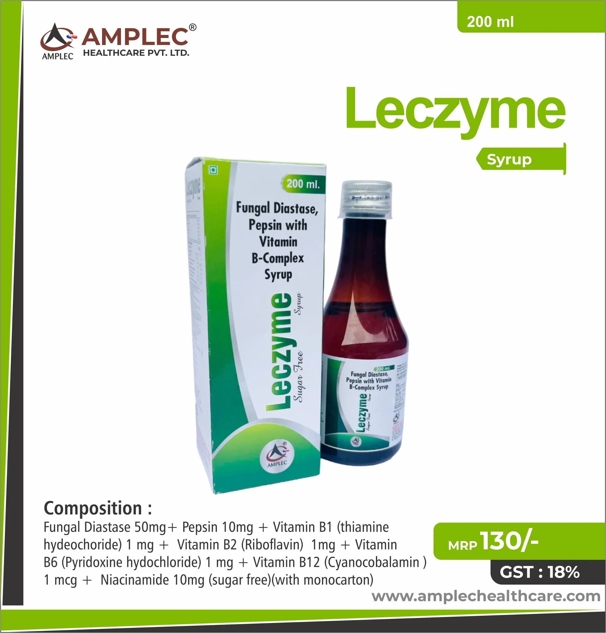 LECZYME - Fungal Diastase 50mg + Pepsin 10mg + Vitamin B1 1 mg + Vitamin B2 1mg + Vitamin B6 1 mg + Vitamin B12 1 mcg + Niacinamide 10mg (Sugar Free) (with mono