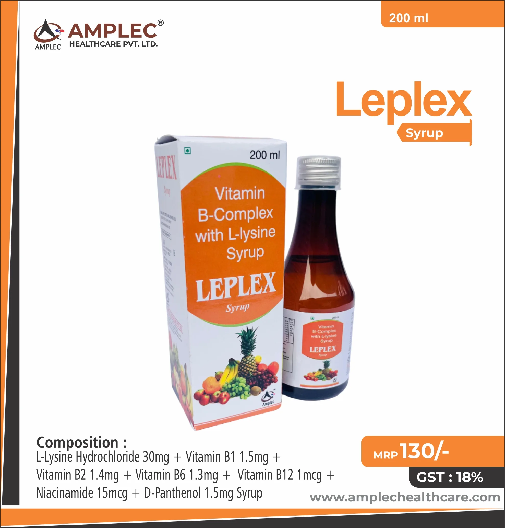 LEPLEX - L-Lysine Hydrochloride 300mg + Vitamin B1 1.5mg + Vitamin B2 1.4mg + Vitamin B6 1.3mg + Vitamin B12 1mcg + Niacinamide 15mcg + D-Panthenol 1.5mg Syrup