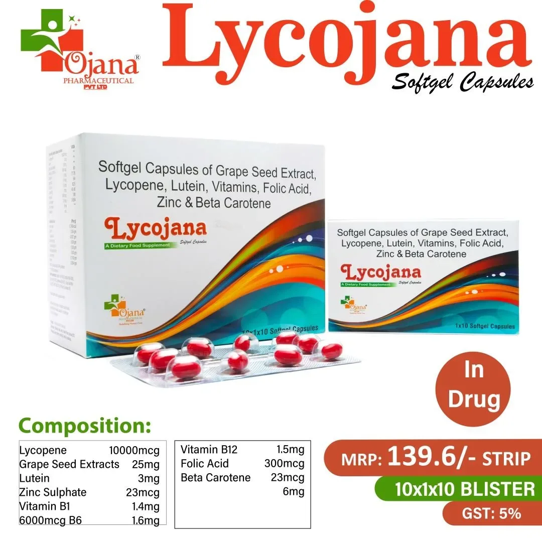Lycojana Drug - Lycopene 10% USP 4000 mcg+ Lutein 10% USP 4000 mcg+ Beta-carotene 30% USP 5.17 mg+ Black Grape Seed Extract 10 mg+ Selenium Dioxide Monohydrate USP 25 mcg+ Zinc Sulphate Monohydrate IP 10 mg IN DRUG