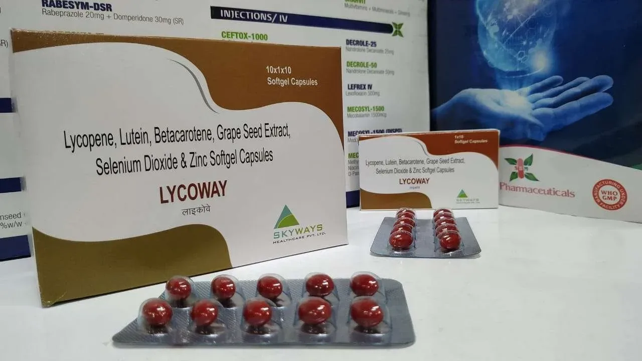 Lycoway (Food) - Each Soft Gelatin Capsule Contains : Grape Seed Extract 10mg., Lycopene 10% 5mg, Lutein 8% 2 Mg, Zinc Sulphate Monohydrate 27.45 Mg, Selenium Dioxide 70 Mcg, Batacarotene 10% 5.17mg E