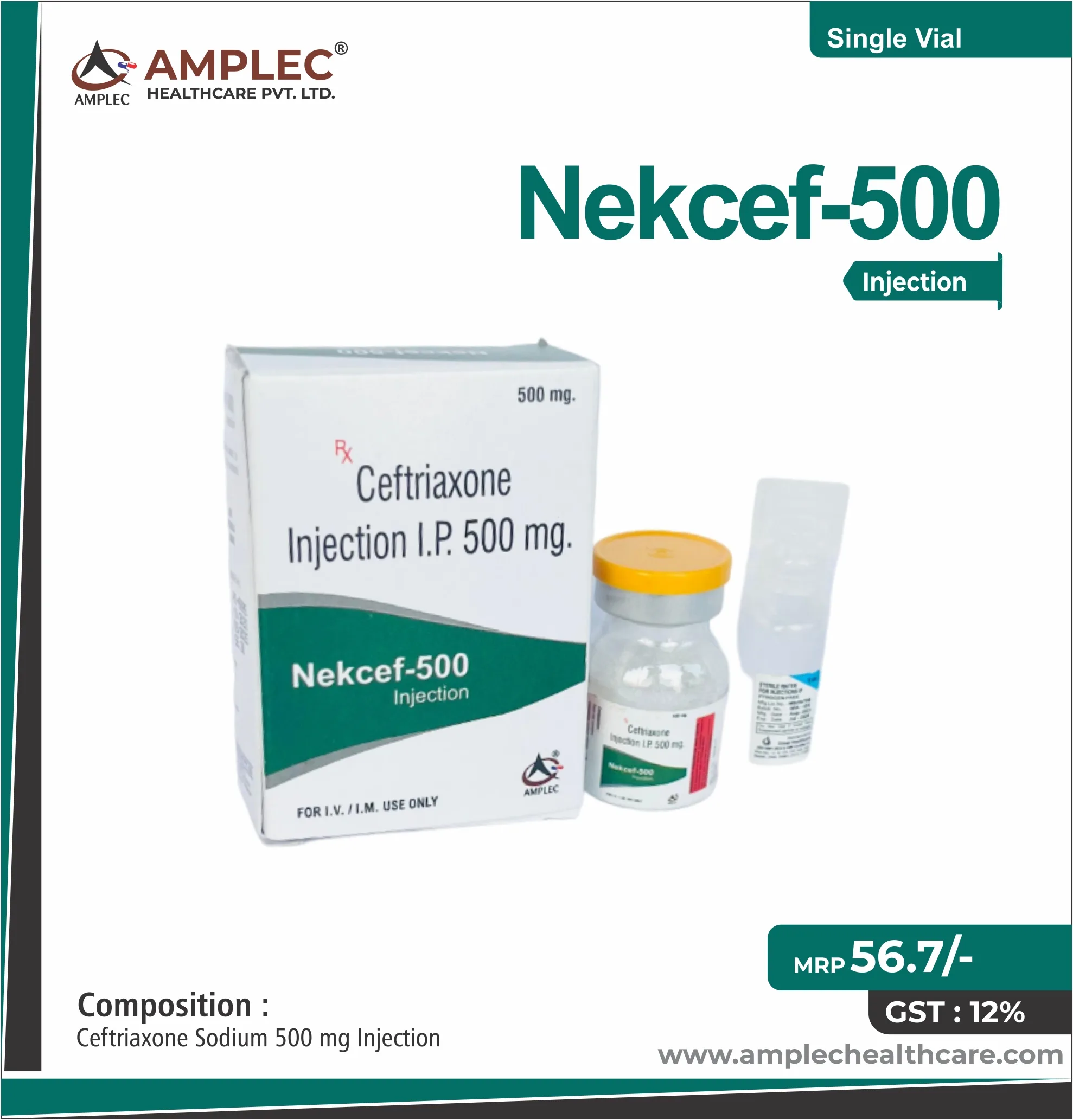 NEKCEF-500 - Ceftriaxone Sodium 500 mg Injection