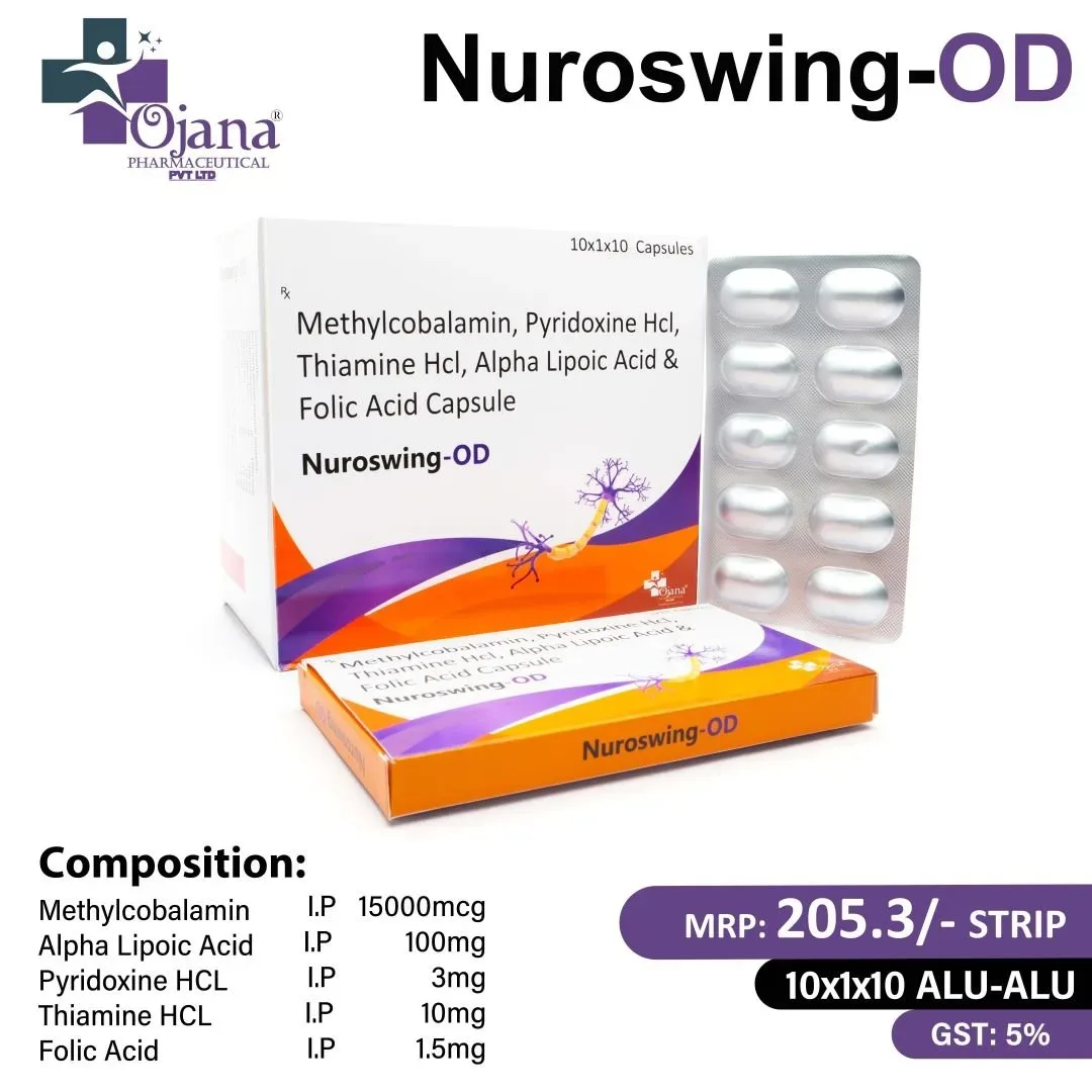Nuroswing-OD - Methylcobalamin 1500 mcg + Alpha Lipoic Acid 100 mg + Pyridoxine Hydrochloride 3 mg +THIAMINE HCL 10MG+ Folic Acid 1.5 mg with mono cartoon in drug