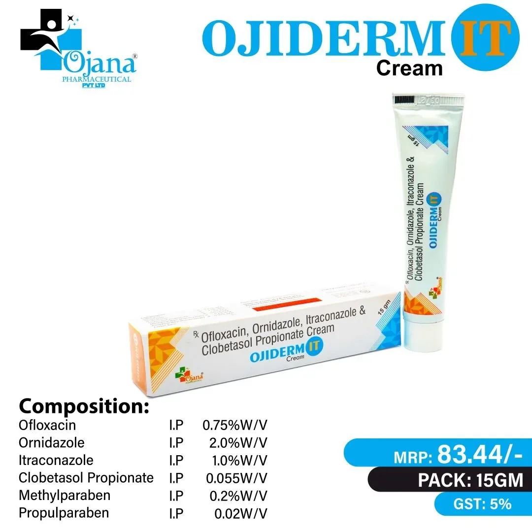 Ojiderm-IT - Ofloxacin 0.75% + Ornidazole 2% + Itraconazole 1% + Clobetasole 0.05% + Preservatives (PENDERM ALTERNATIVE)