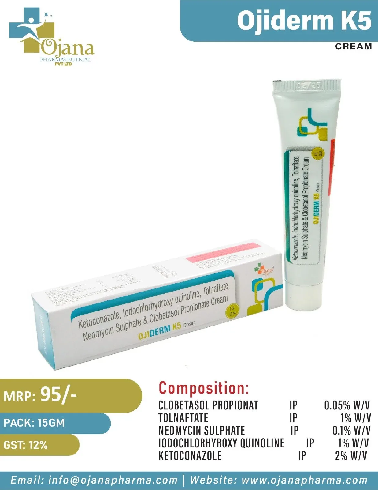Ojiderm K5 - lobetasol Propionate 0.05% + Neomycin Sulphate 0.10% + Tolnaftate 1% + Iodochlorohydroxyquinoline 1% + Ketoconazole 2% cream
