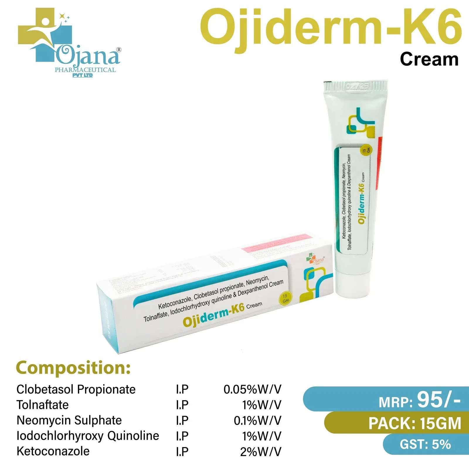 Ojiderm K6 - Clobetasol Propionate I.P. 0.05% w/w + Neomycin Sulphate I.P. 0.10% w/w + Tolnaftate I.P. 1% w/w + Iodochloro hydroxyquinoline I.P. 1% w/w +Ketoconazole I.P. 2% w/w Cream+dexapanthenol 0.5 mg