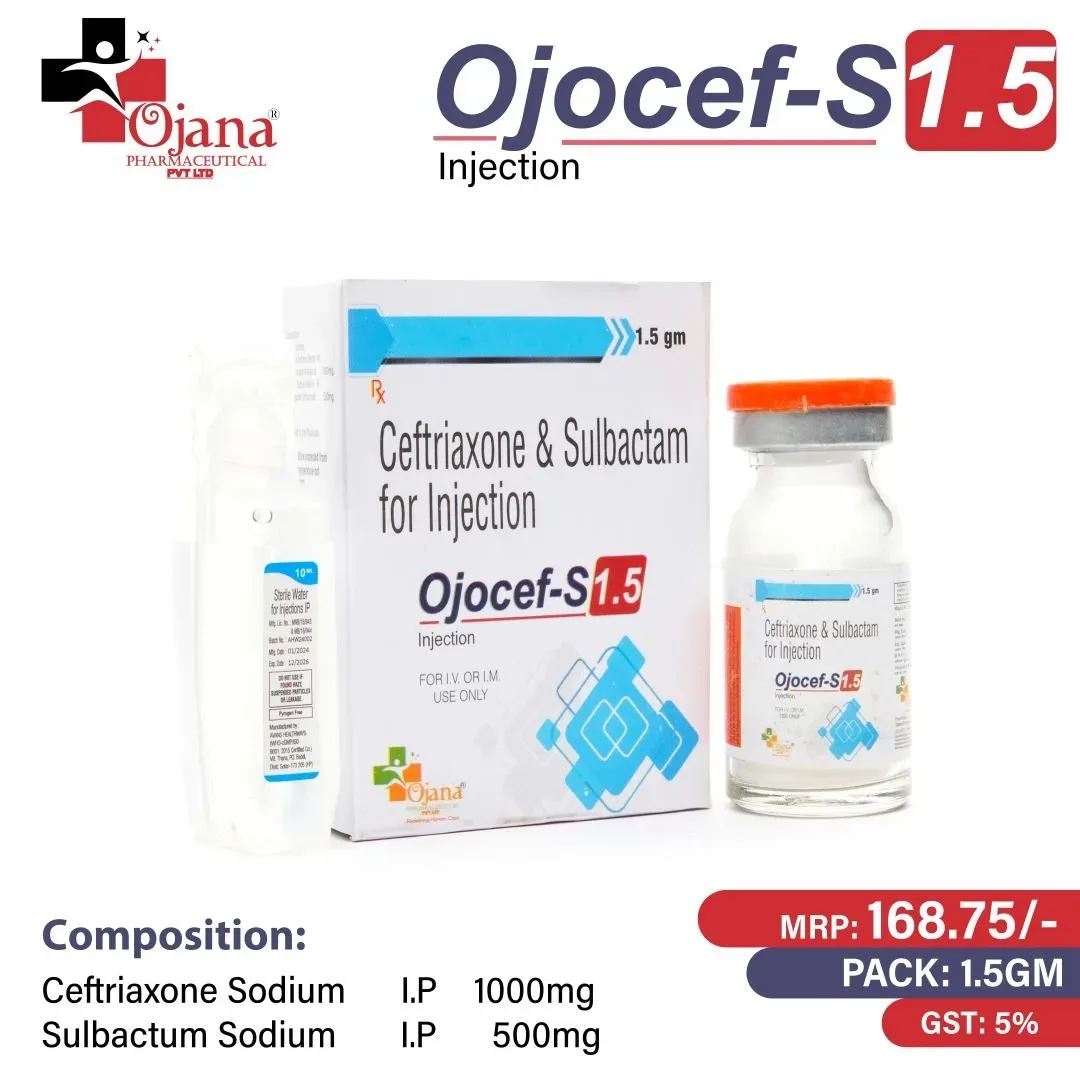 Ojocef- S 1.5gm - Ceftriaxone Sodium I.P.1000 mg + Sulbactum Sodium I.P. 500 mg