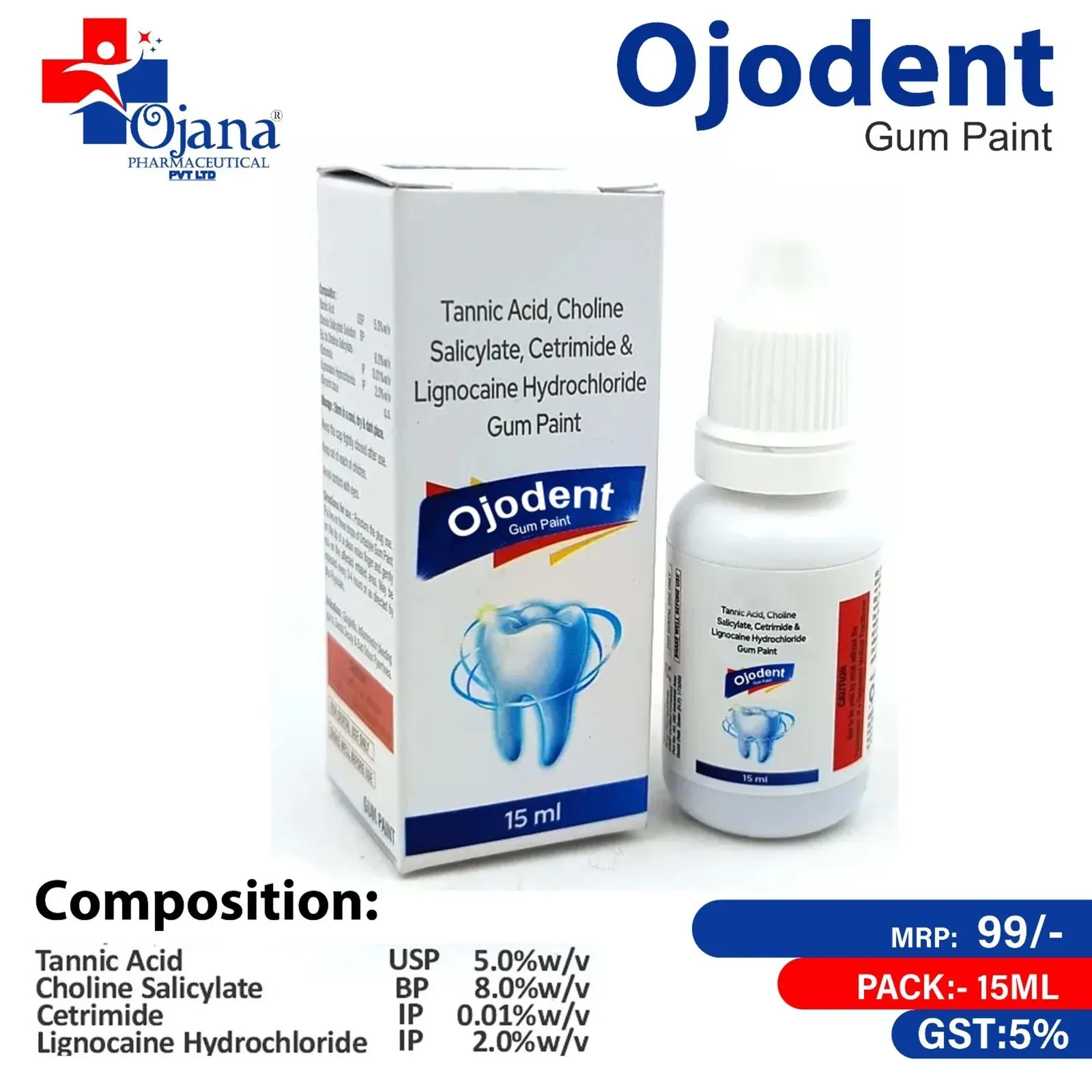 Ojodent Gum Paint - Tannic Acid 5% + Choline Salicylate 8% + Cetrimide 0.01% + Lignocaine HCL 2%