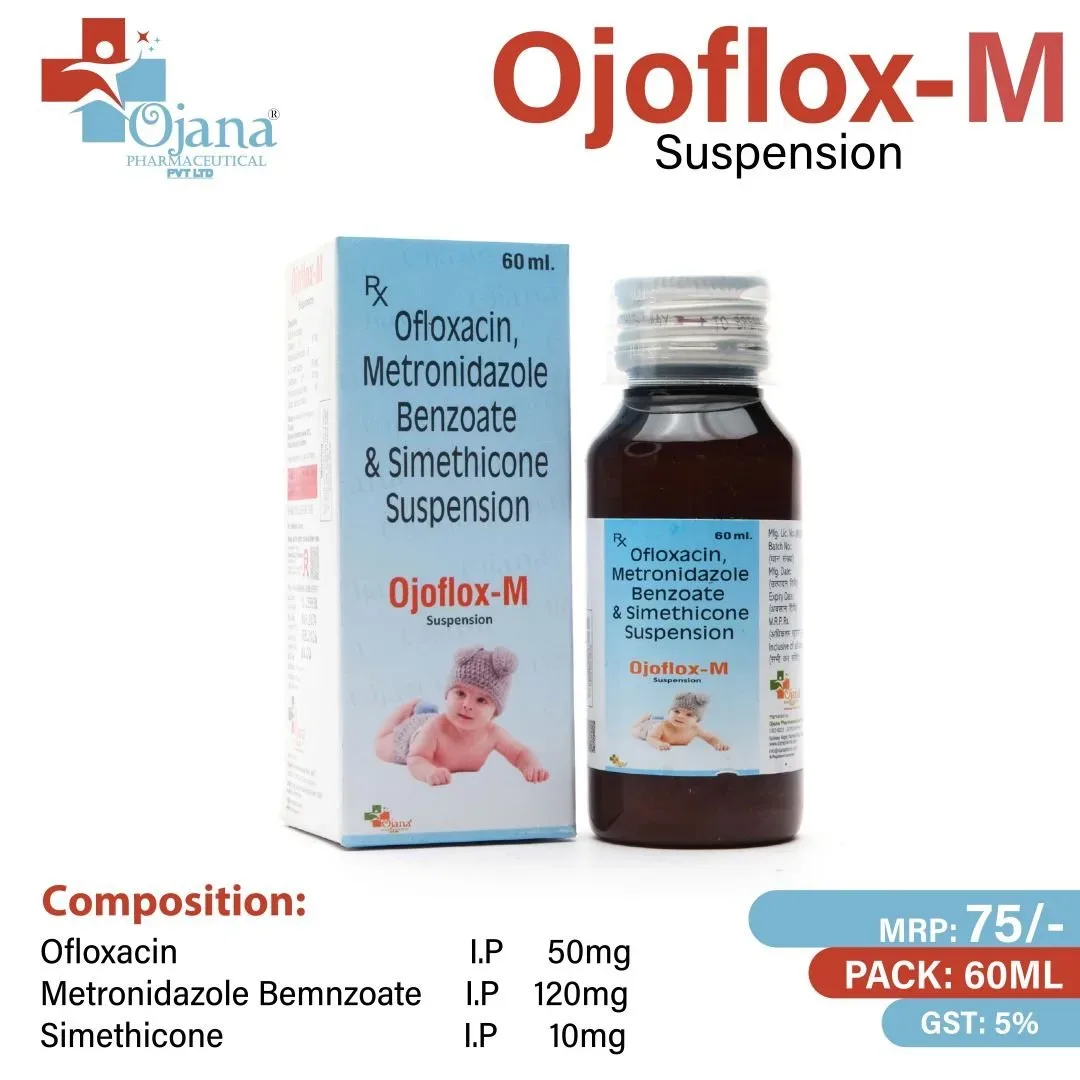 Ojoflox M - Ofloxacin 50 mg + Metronidazole 120mg + Simethicone 10 mg Susp with Carton