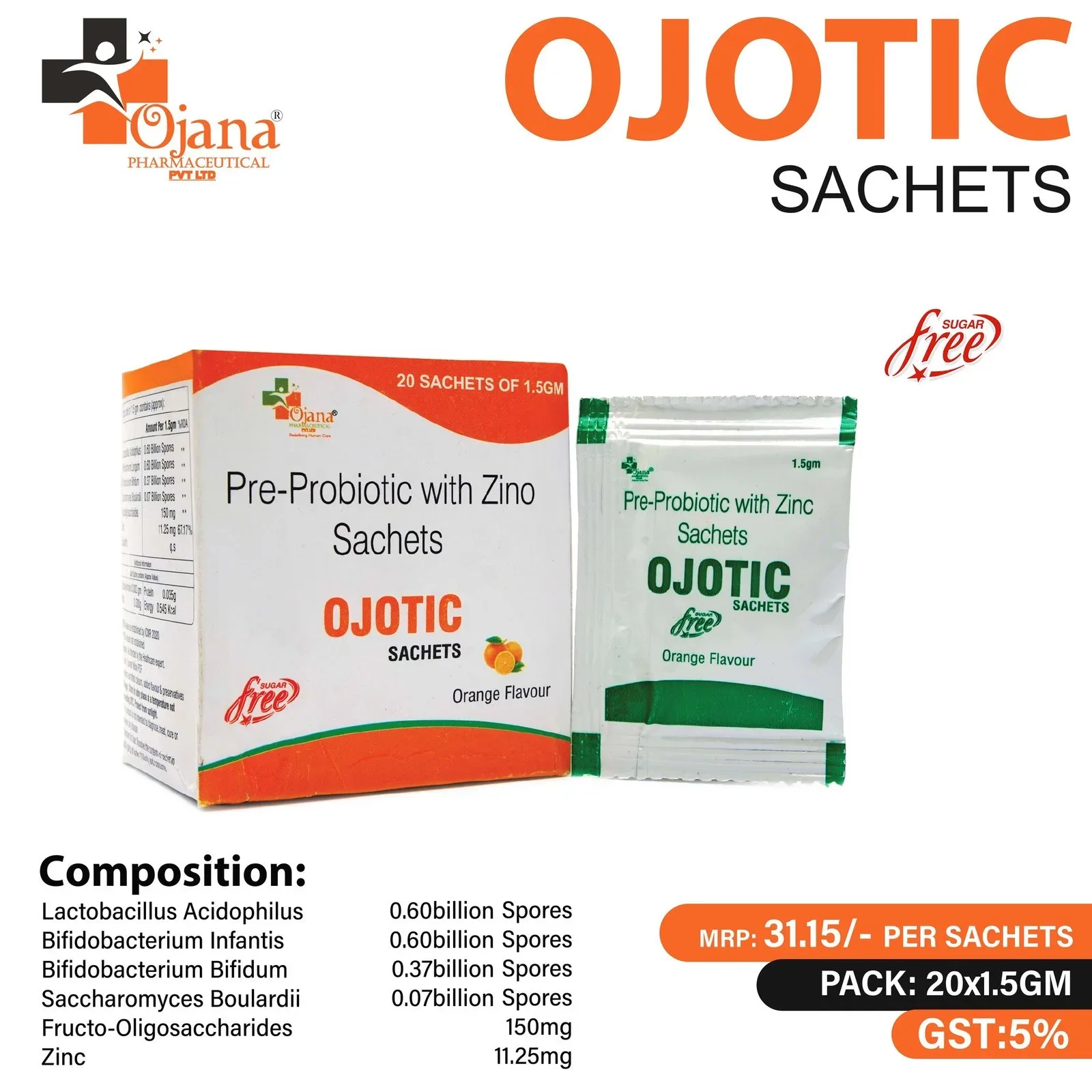 Ojotic Sachet - Sodium Chloride I.P. 2.6g + Potassium Chloride I.P. 1.5g + Sodium Citrate I.P. 2.9g + Dextrose (Anhydrous) I.P. 13.5g