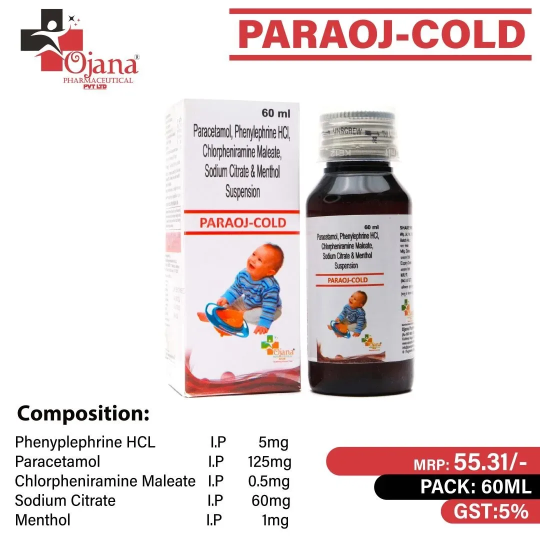 Paraoj cold - Phenyplephrine I.P HCl 5 mg +Paracetamol I.P. 125 mg+ CPM I.P 0.5 mg+ Sodium Citrate I.P 60 mg. + Menthol I.P. with carton