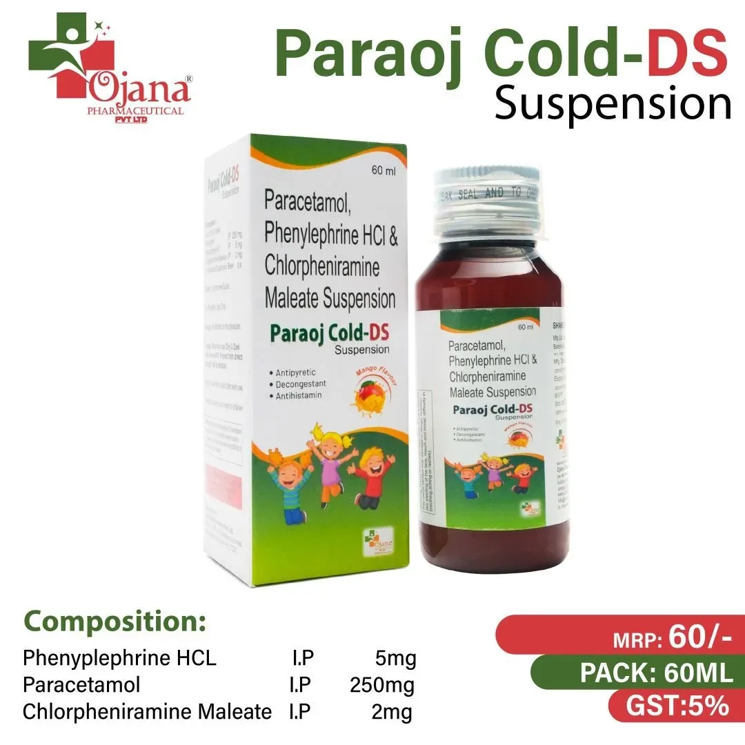 Paraoj cold DS - Paracetamol ip 250mg+Phenylephrine HCL IP 5MG+Chlorpheniramine IP +Meleate IP 2mg with cartoon