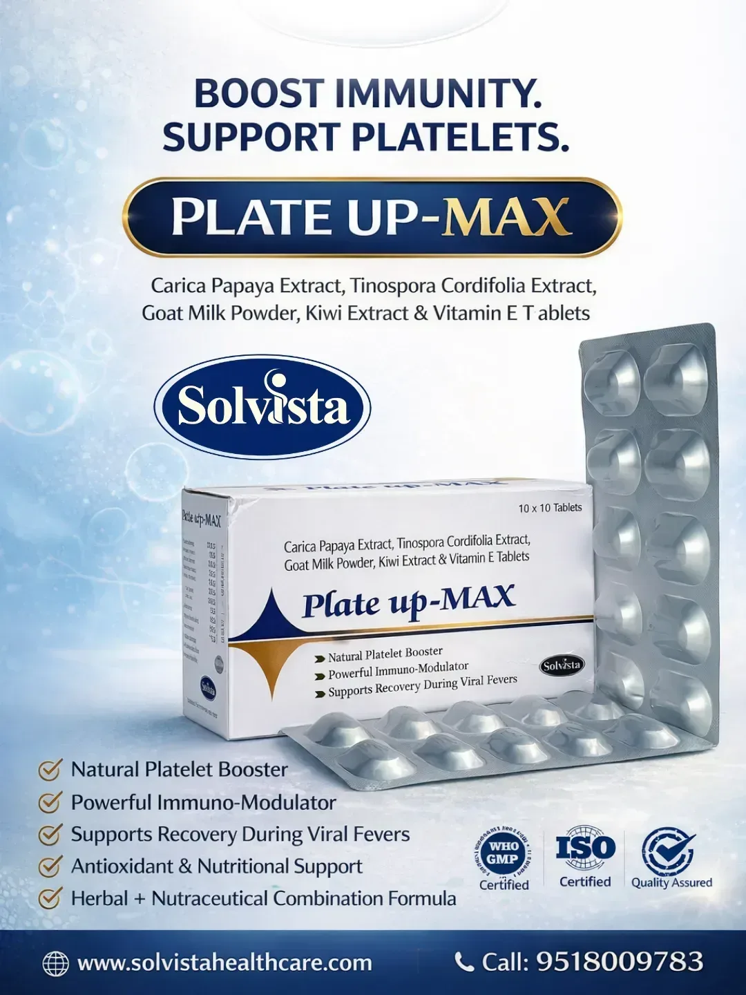 PLATE UP-MAX - Carica Papaya Extract, Tinospora Cordifolia Extract, Goat Milk Powder, Kiwi Extract & Vitamin E Tablets