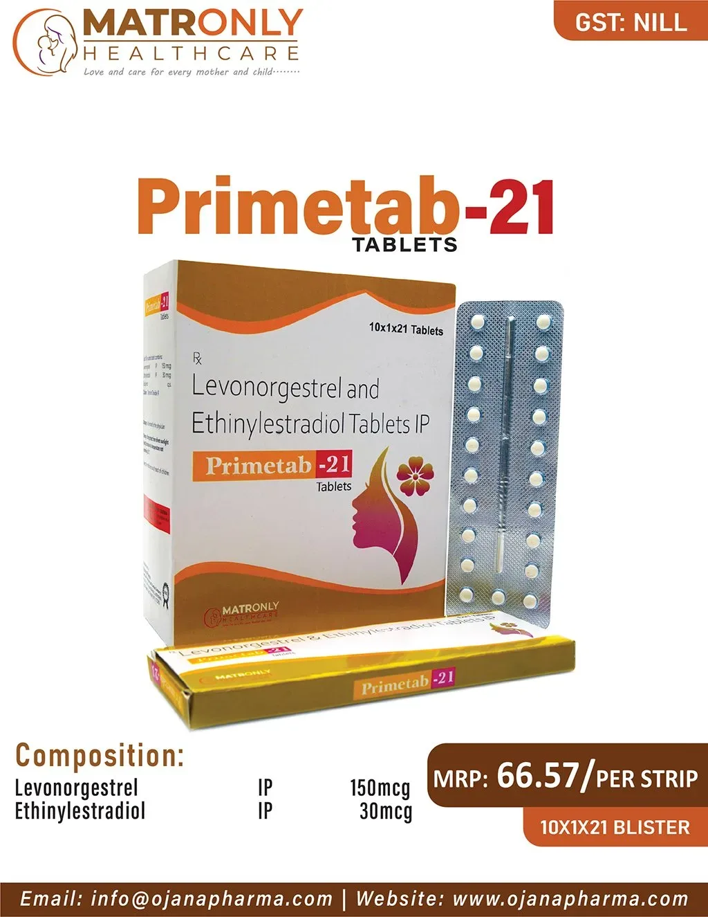 Primetab-21 - Levonorgestrel0.15mg+Ethinylestradiol0.03mgTablets