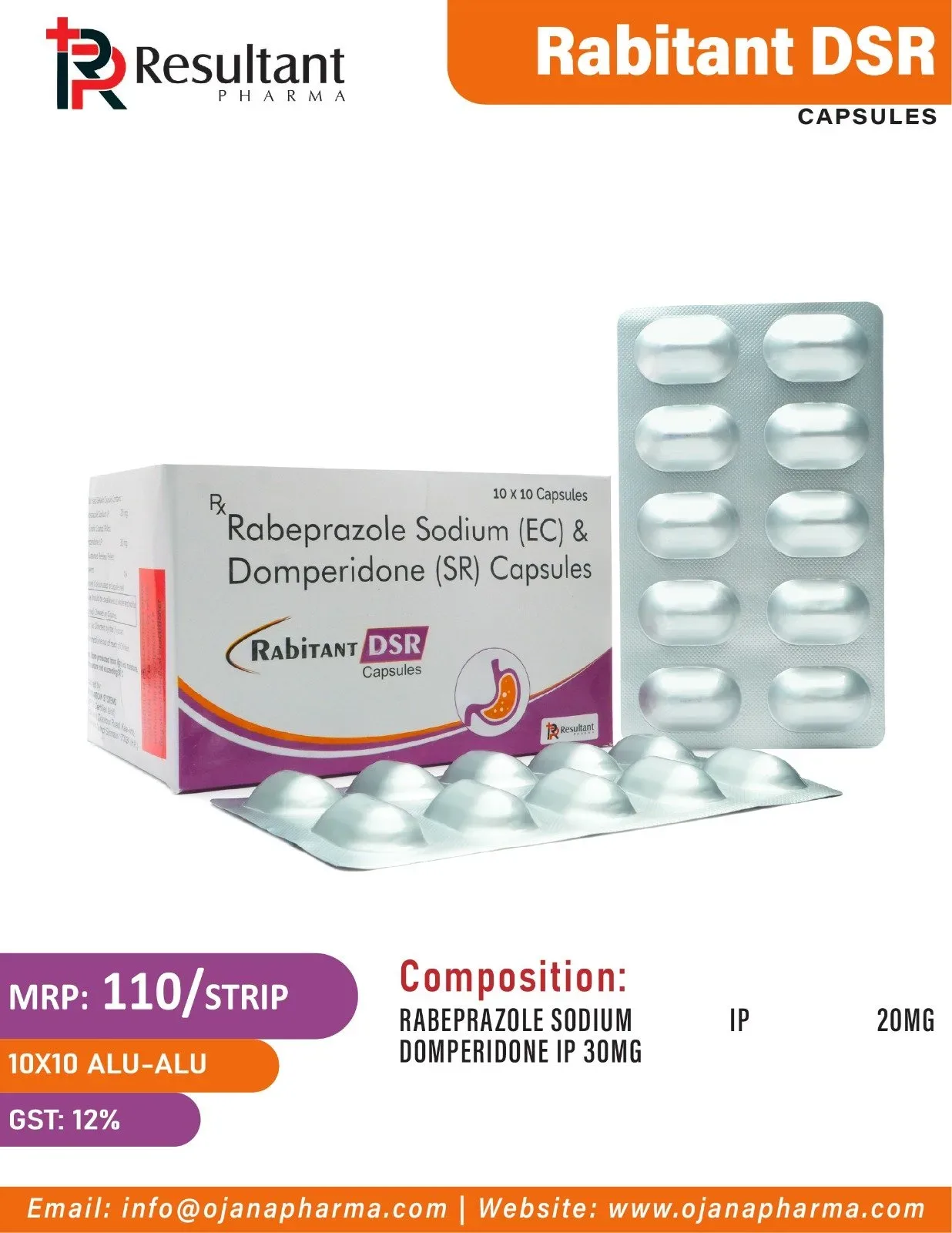 RABITANT DSR (10×10) - Rabeprazole Sodium (E.C.) I.P. 20mg + Domperidone (S.R.) I.P. 30mg