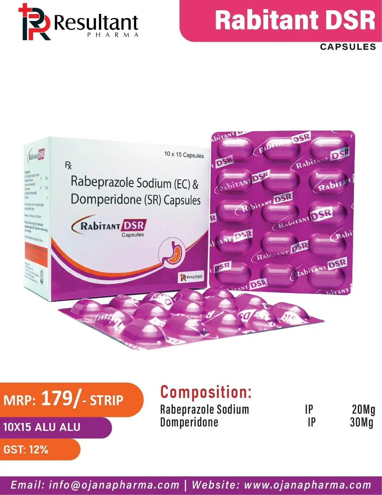 RABITANT DSR 10*15 - Rabeprazole Sodium (E.C.) I.P. 20mg + Domperidone (S.R.) I.P. 30mg