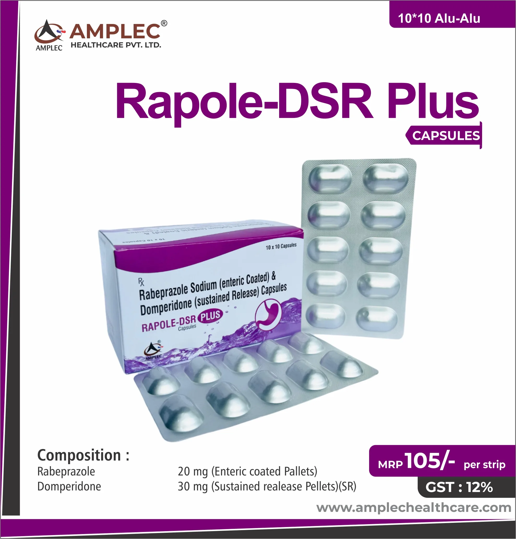 RAPOLE-DSR PLUS - Rabeprazole 20 mg (Enteric coated Pellets) + Domperidone 30 mg (Sustained Release Pellets) Capsule