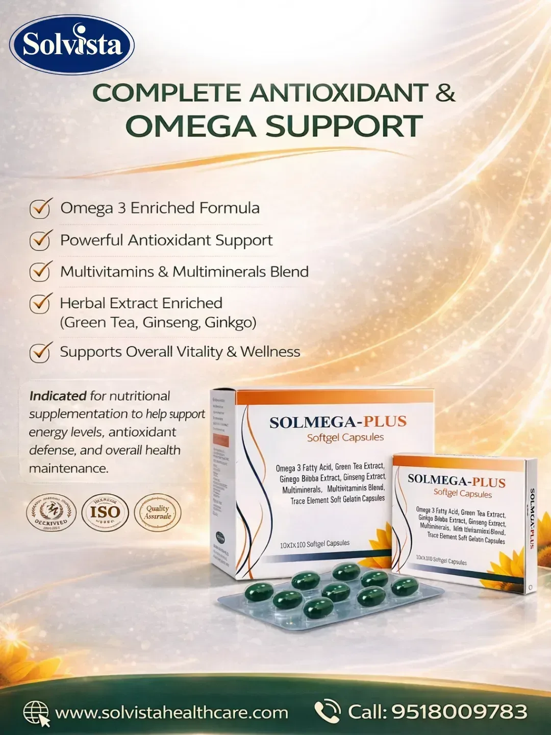SOLMEGA-PLUS - Omega-3 Fatty Acid, Green Tea Extract. Ginkgo Biloba Extract, Ginseng Extract, Multiminerais, Mith liviamioxi8lord, Trace Element Soft Gelatin Capsules