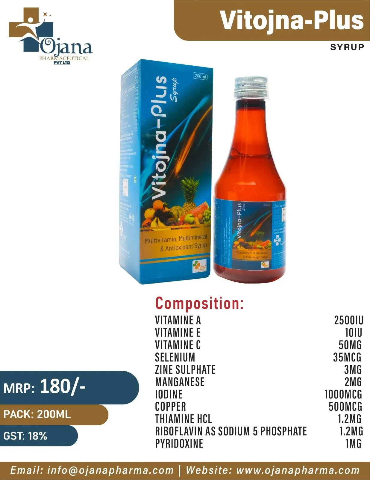 Vitojna -Plus - Multivitmains Multimineral + Antioxidant + Lycopene + Cyanocobalamin with L-Lysine Syrup