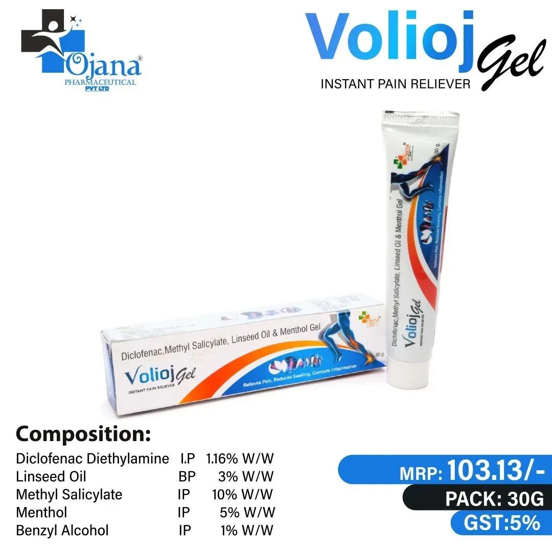 Volioj Gel - DICLOFENAC DIETHYLAMINE1.16% w/w + LINSEED OIL 3% w/w + METHYLSALICYLATE 10% w/w + MENTHOL 5% w/w+BENZYL ALCOHOL GEL