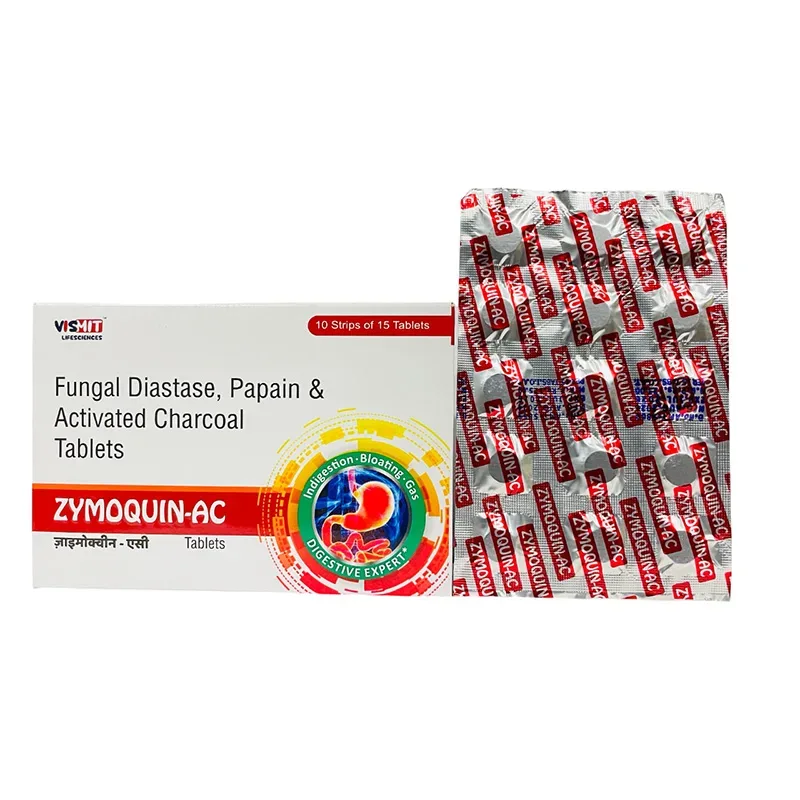 ZYMOQUIN-AC - FUNGAL DIATASE 100 MG + PAPAIN 60 MG + ACTIVATED CHARCOAL 75 MG ENZYME TABLETS