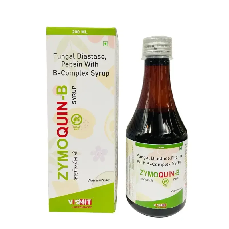 ZYMOQUIN-B - EACH 5 ML CONTAINS : FUNGAL DIASTASE 50 MG + PEPSIN 10 MG + VIT B1 - 1.5 MG + VIT B2 - 1.5 MG + VIT B6 1.5 MG + NIACINAMIDE 10 MG with flavour